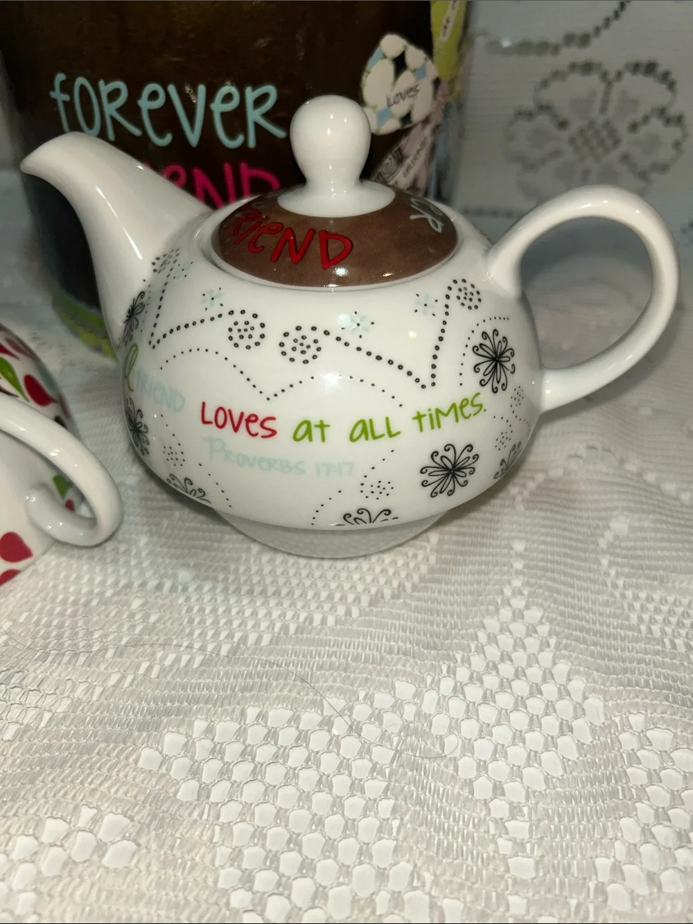 Tea for One Set - White Teapot and Bowl with Multicolor Accents